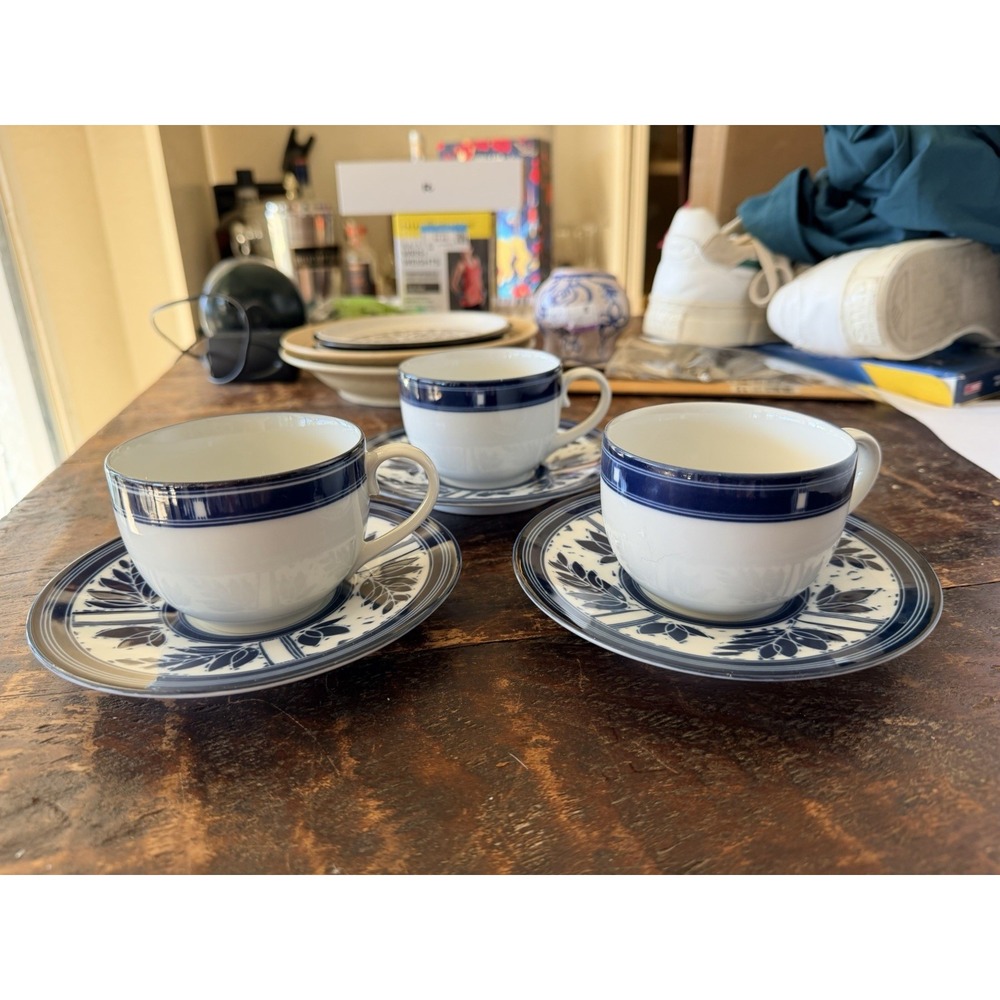 3 Vtg DANSK CEYLON DARK BLUE LEAVES RIM/WHITE TEA CUPS & SAUCERS PORTUGAL China